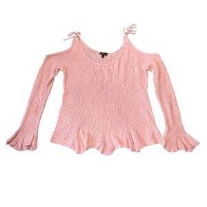Express‎ Cold Shoulder Tie Shoulder Sweater Pink Knit Bell Sleeve Peplum Large
